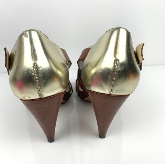 MISS SIXTY Leather Brown & Gold Sandal Cone Heels - Picture 8 of 13